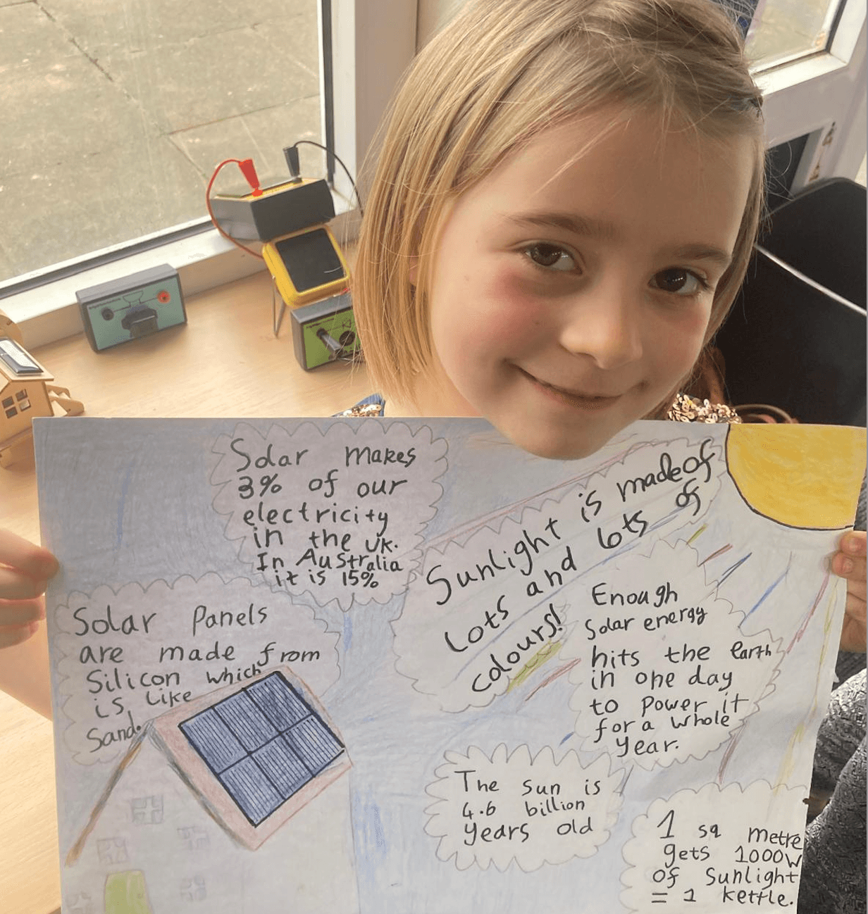 Key Stage 1 student and her solar fact sheet